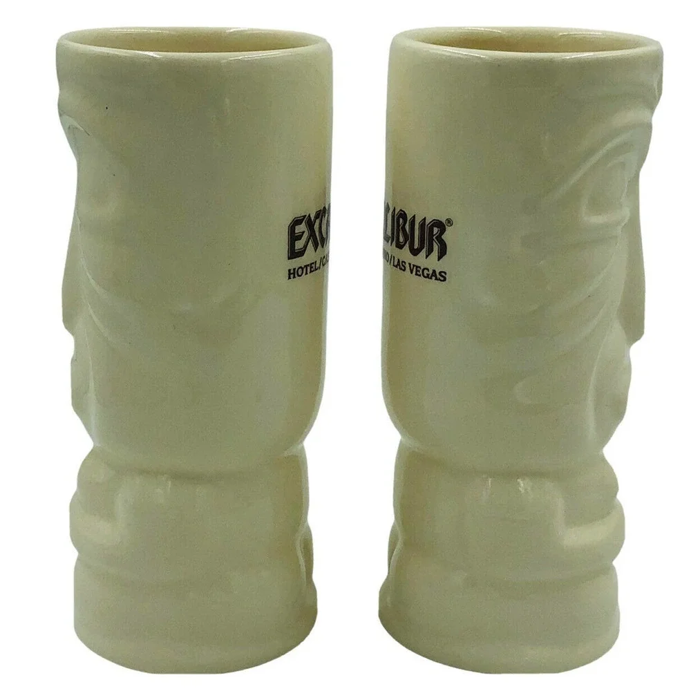 Vintage Modern China USA Ceramic Glazed Ivory TIKI Mug Souvenir Excalibu…